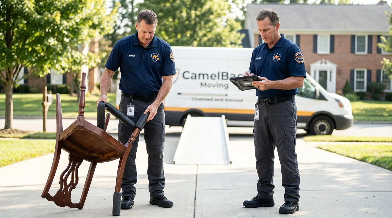 Movers inspecting furniture for damage prevention before loading in Bayonne, NJ