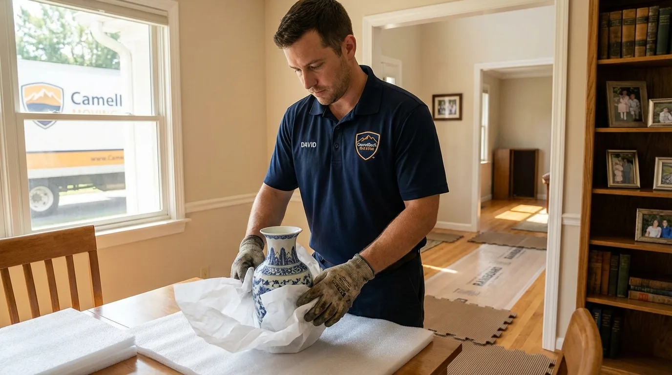 Professional crew carefully wrapping antique vase for senior downsizing move in Bayonne, NJ